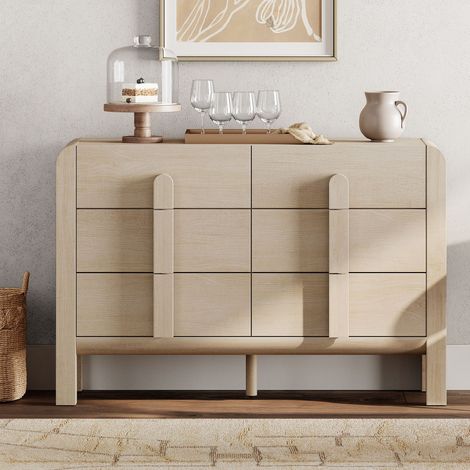 Commode WAMPAT – 6 tiroirs, 120 cm – Effet chêne clair, surface résistante aux rayures et à l'eau (1/5)