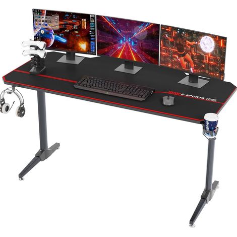 Soges Escritorio Gaming 140  60 cm, Escritorio Gaming, Escritorio Gaming Grande para PC Portátil, Mesa de Juego con Alfombrilla para Ratón, Mesas Ergonómicas Computer Gamer PRO, Negro (1/5)