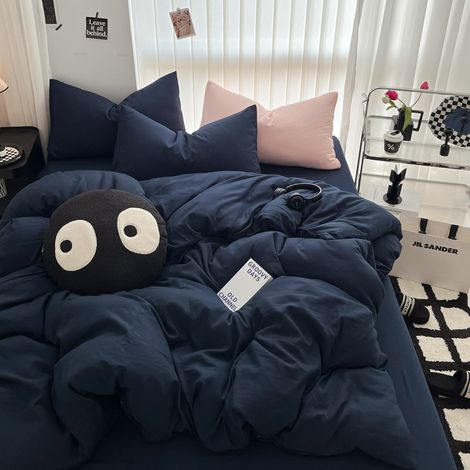 Ultra-weiche Bettwäsche aus gewaschener Baumwolle im Spannbettlaken-Stil - 4-teiliges Set 180x220 cm, Traumhaftes Blau-lsw