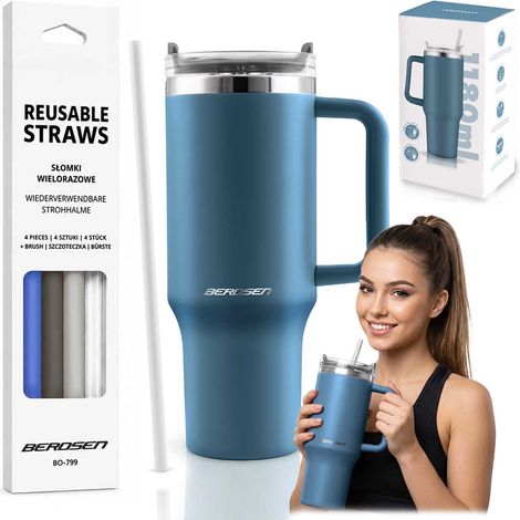 Set composto da tazza termica Berdsen con cannuccia, 1180 ml, blu navy. (1/5)