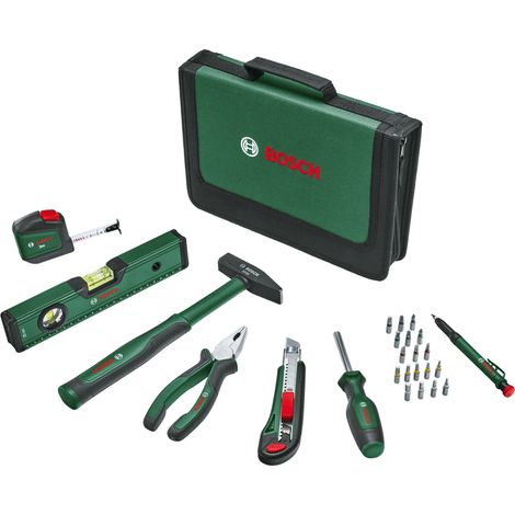 Outil à main universel Bosch (pince universelle, mètre ruban, niveau à bulle, marteau 300 g etc., 25 pièces, set)