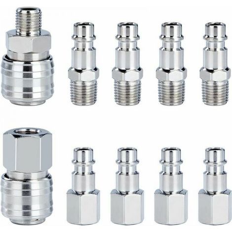 10 Pièces Raccord Rapide de Compresseur 1/4"BSP Coupleur Pneumatique d'air Kit Raccords de Tuyau Connecteur Homme Femme (1/5)