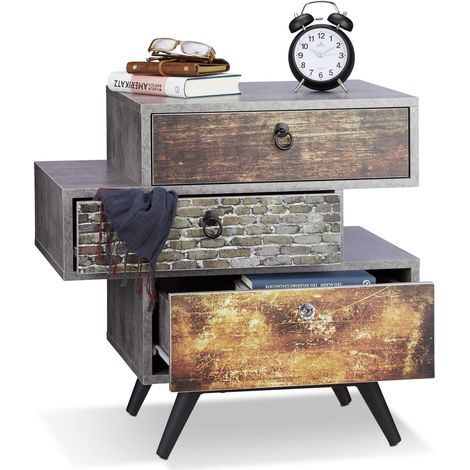 Commode Vintage avec 3 tiroirs Look béton étagère Meuble Rangement Shabby Industriel HxlxP: 60x60x40 cm, Gris (1/5)
