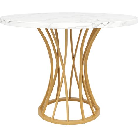 Table à manger ronde en MDF marbré 80x80x76 cm avec pieds en métal doré, pour 4-6 personnes (1/5)