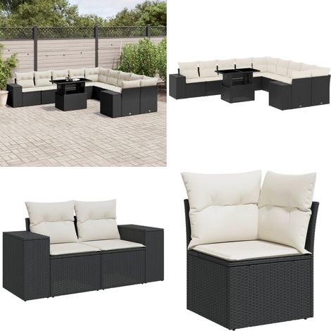 11-tlg. Garten-Sofagarnitur mit Kissen Schwarz Poly Rattan - Gartenmöbel Set - Esszimmergarnitur - Outdoor Möbel - Lounge Garnitur - Rattan Gartenmöbel - Home & Living (1/5)