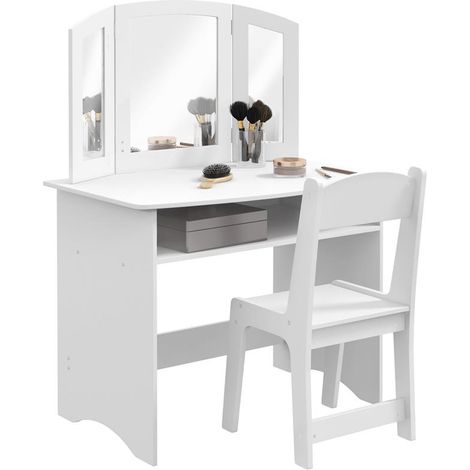 SET DA TRUCCO PER BAMBINI CON TAVOLO TOELETTA CON SPECCHIO TRIPLO RIMOVIBILE E SEDIA IN LEGNO BIANCO (1/5)