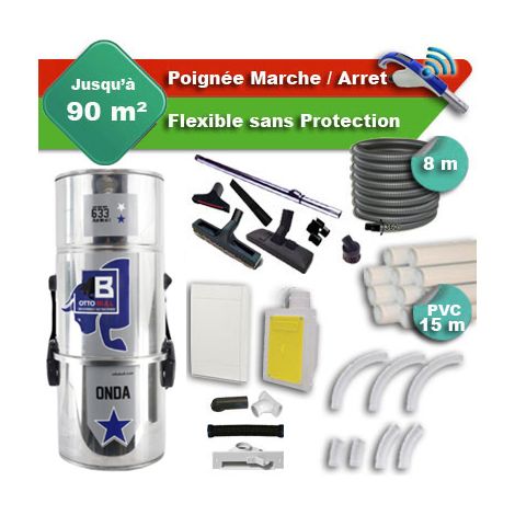 Aspiration centralisée sans sac OTTO BULL ONDA 300 INOX garantie 2 ans + flexible rétractable 8 m + poignée marche/arrêt + 7 accessoires + kit 1 prise RETRAFLEX + kit prise balai (rayon d'action 90 m2 (1/5)