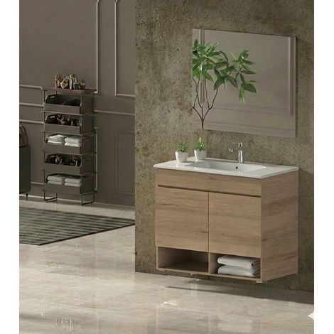 Conjunto Mueble de baño NEBARI ya montado 2 puertas, lavabo y espejo Estepa 90x40 cm (1/2)
