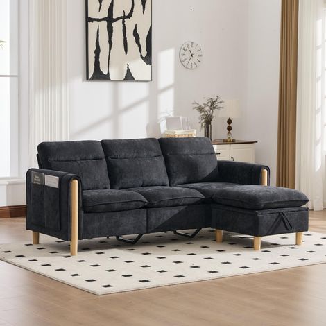Divano angolare 3 posti, divano modulare reversibile con pouf contenitore, stile scandinavo in tessuto ciniglia, 201x77x86 cm, nero (1/5)