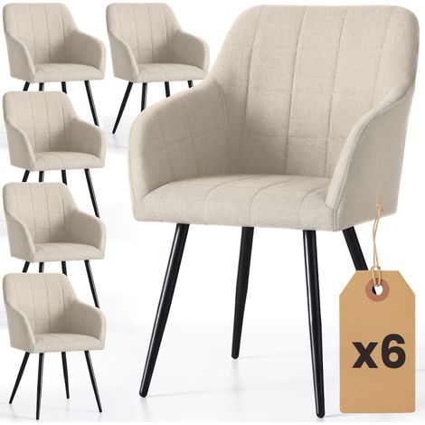 Lot de 6 Chaises rembourrées à surpiqûres carrées LUXANO Beige pieds noirs tissu Lumos (1/5)