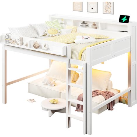 Grand lit mezzanine en bois 140x200 cm avec compartiments de rangement, éclairage LED et port USB, blanc