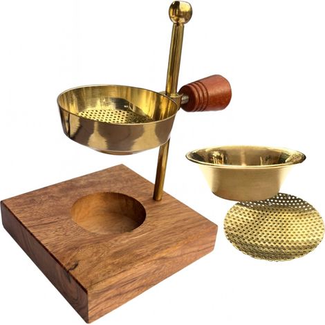 Brûleur d'encens fabriqué à la main en laiton et bois - Brûleur d'encens avec tamis et bol sur socle en bois carré - Pour encens, résines et herbes - Porte-encens élégant au design oriental (1/4)