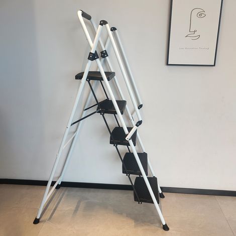 Scala pieghevole con sgabello, pedali larghi antiscivolo, maniglia di sicurezza, portatile e salvaspazio, ABS e acciaio, bianco nero (1/5)