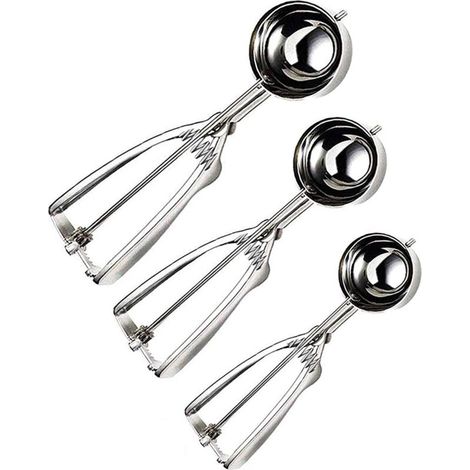 Ice cream scoop, polished stainless steel ice cream scoop, 3 pieces, different sizes 4cm, 5cm, 6cm. Ice cream scoop with ejector, melon balls. (1/4)