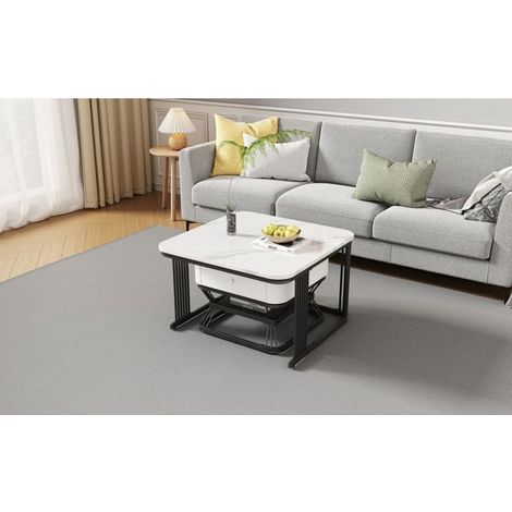 Table basse - WESTYLE - 70x70+50x50 cm - Plateau effet marbre brillant - 1 tiroir - Piètement métal blanc/noir (1/5)