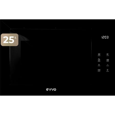 EVVO Microondas integrable Mi45 Glass Bl, 25L de Capacidad, Grill 1200W, Puerta y Marcos Efecto Brillante, Multifunción, 8 Funciones, Temporizador 60 Minutos, Display Digital, color negro
