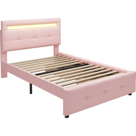 Lit capitonné 90 x 200 cm rose avec LED et 2 tiroirs (1/5)