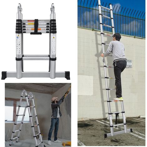 Échelle télescopique 3,8m (2 sections de 1,9m) en A, 11 marches, caoutchouc anti-dérapant, aluminium, charge 150kg