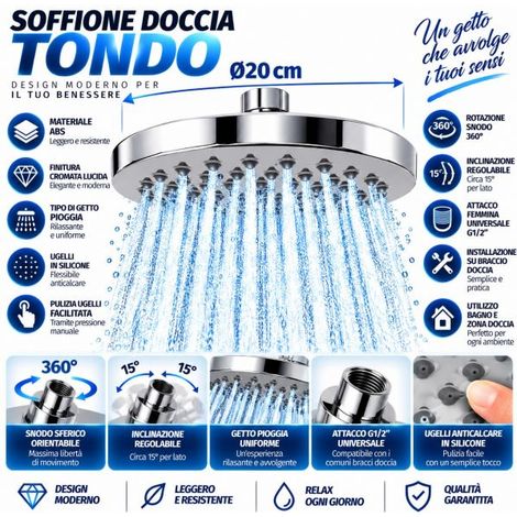Soffione Doccia Ø20 cm Cromato ABS Getto Pioggia Anticalcare Orientabile G1/2" (1/5)