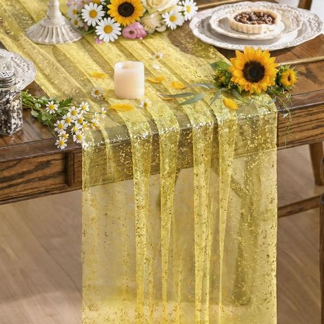 Artoid Mode Gaze Tulle Jaune Doré Chemin de Table 70x300 cm, décoration feuille d'or pour cuisine, anniversaires, mariages. (1/5)
