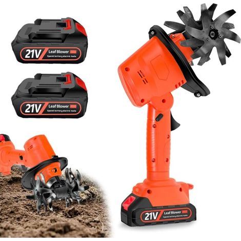 Motobineuse Electrique, 21V Motoculteur sans Fil avec 2 Batteries 3000mAh et 4 Lames Métalliques 10cm Largeur de Travail 10cm Profondeur de Travail 235 TR/Min Vitesse (1/5)