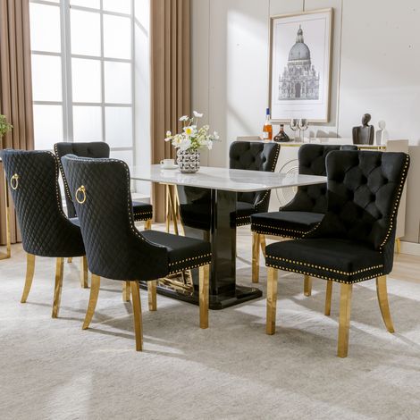 Lot de 6 chaises à manger,dossier avec anneaux ronds,rembourrée et cloutée,pieds acier inoxydable doré,velours noir/or pour salon et cuisine.