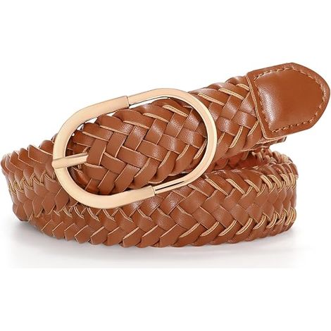 Ceinture fine tressée en cuir pour femme, tissée à la main avec boucle dorée, idéale avec jeans, pantalons et robes. (1/5)