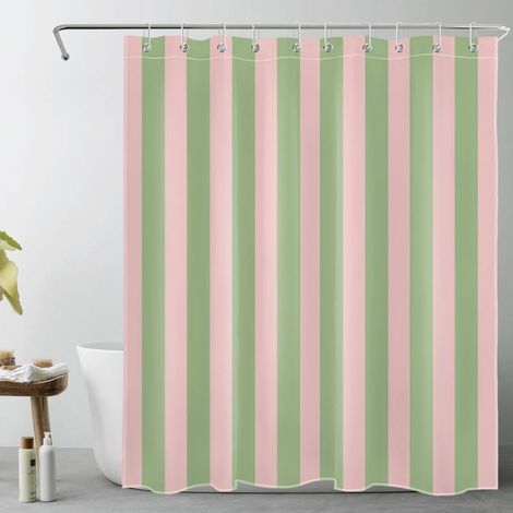 Rideau de douche à rayures roses et vertes — Design moderne et minimaliste à rayures verticales abstraites, inclut 10 anneaux — Un accessoire de douche alliant esthétique et style rétro (150 x 180 cm) (1/5)