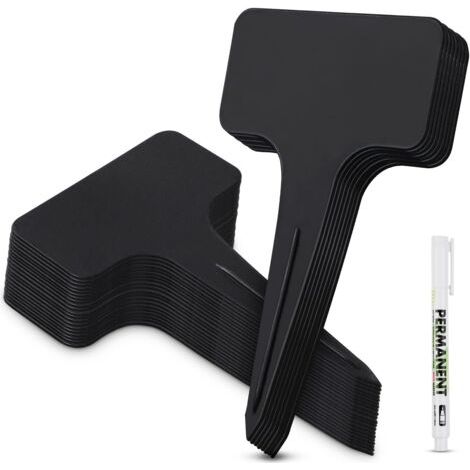 Lot de 100 étiquettes en plastique de type T pour plantes, étiquettes de jardin pour pépinière, étiquettes de jardinage réutilisables avec stylo marqueur, noir H194 (1/5)