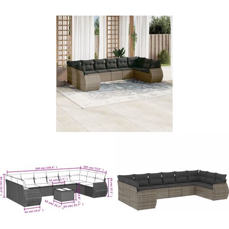 10-tlg. Garten-Sofagarnitur mit Kissen Grau Poly Rattan - Gartenmöbel Set - PE-Rattan Möbel - Outdoor Lounge - Garten Sofa - Esstisch Set - Home & Living (1/3)