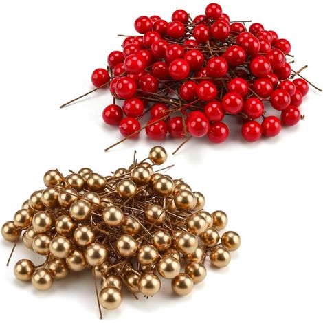 200 Pièces Baies Artificielles, 15mm Faux Fruits Décoratifs, pour Noël Decoration, Décoration Vacances, Support pour Sapin de Noël Artificiel (Rouge et Or) (1/5)