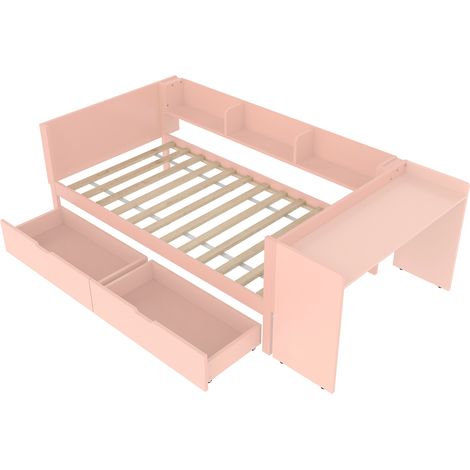 Lit simple 90x200 cm avec bureau, 2 tiroirs et étagères, pin et panneau de particules, rose (1/5)