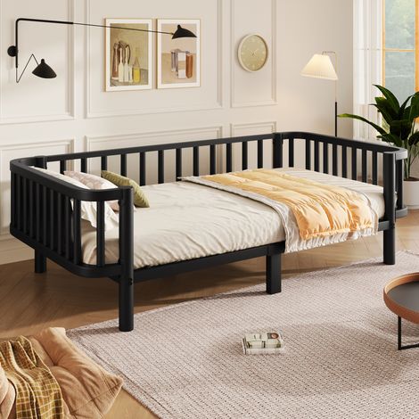 Lit banquette enfant 90x200 cm en métal, lit de jour avec sommier à lattes robuste en acier, cadre métallique pour chambre et salon, noir (1/5)