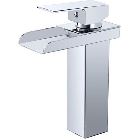 Mitigeur Lavabo Cascade Chromé Robinet Salle de Bain Laiton Bec Hauteur 140mm Eau Froide Chaude (1/4)
