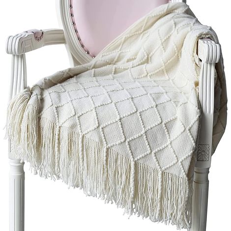1 Couverture en laine tricotée, douce et légère, design à pompons, pour canapé lit voyage (1/5)