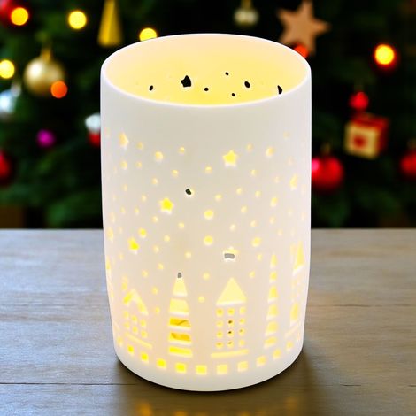 Porzellan LED Windlicht Skyline matt weiß inklusive Batterie - 13 cm - Keramik Weihnachts Tischlaterne warm weiß beleuchtet