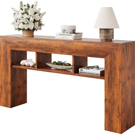 Rustikaler Stil – Konsolentisch 160 cm mit 3 offenen Ablagen – Schmaler Flur- und Sofatisch, wasserfeste Tischplatte – Für Wohnzimmer, Flur, Foyer – Farbe: Hellbraun (1/5)