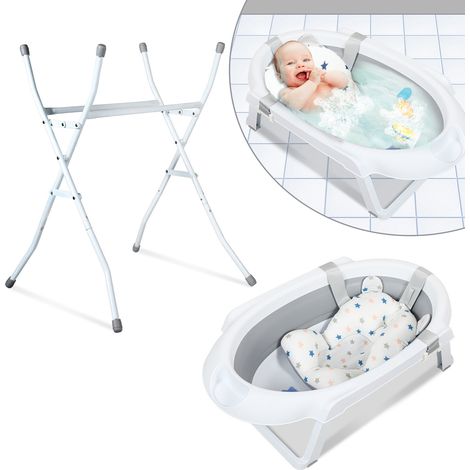 SWANEW Vaschetta per il bagnetto con telaio 85 cm - Vaschetta per il bagnetto pieghevole con tappo e cuscino per il bagnetto, grigio (1/5)