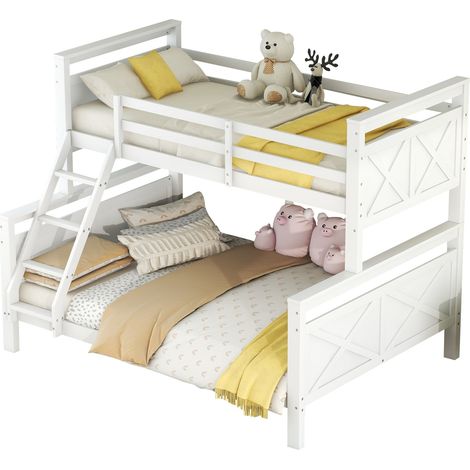 Lit Superposé 90/140x200cm - En Bois avec Barrières & Échelle - Pour Enfant, Chambre - Blanc (1/5)