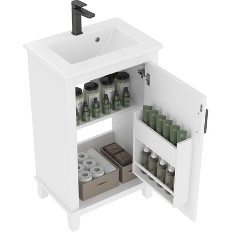 Meuble de salle de bain avec vasque en céramique Blanc,meuble sous vasque,avec 1 porte et étagères réglables,51 x 34 x 83 cm,MDF (1/5)