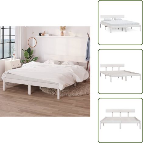 Cadre de lit sans matelas blanc bois massif 140x190 cm - Cadre De Lit - Lit Double - Lit En Bois - Lit Blanc - Sommier Plateforme (1/5)