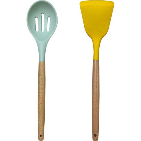 Ensemble Ustensiles Cuisine Silicone - Manche Bois Résistant Chaleur - Pour Casseroles Antiadhésives - Lot De 2 Pièces (1/5)