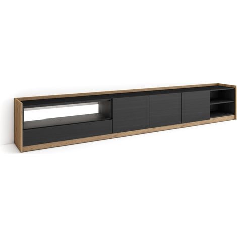 Skraut Home - Mueble TV, Televisión, Muebles de salón, almacenaje, 310x37x50cm, Para TV hasta 80", LED, Estilo Moderno, Negro y roble (1/5)