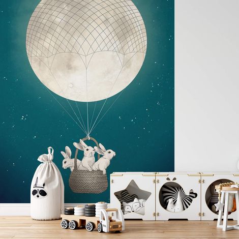 Papier peint panoramique chambre enfant lune & lapin | Tapisserie panoramique bleu animaux | Papier peint panoramique chambre bébé bleu canard - 192 X 260 cm (4 pièces)
