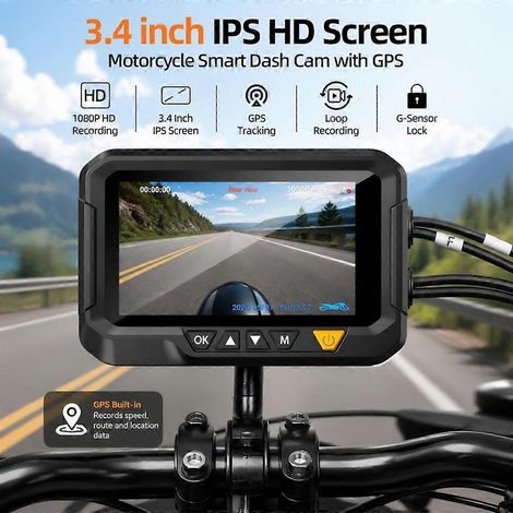 Caméra embarquée pour moto de 3,4 pouces, 1080p, double enregistreur DVR avant et arrière, suivi de localisation GPS, enregistrement vidéo en boucle contrôlé par application. (1/4)