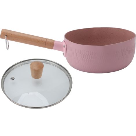 Casserole à lait multifonctionnelle en alliage d'aluminium avec poignée en bois, fond plat et couvercle, idéale pour la cuisine à la maison ou au restaurant. Couleur rose. (1/5)