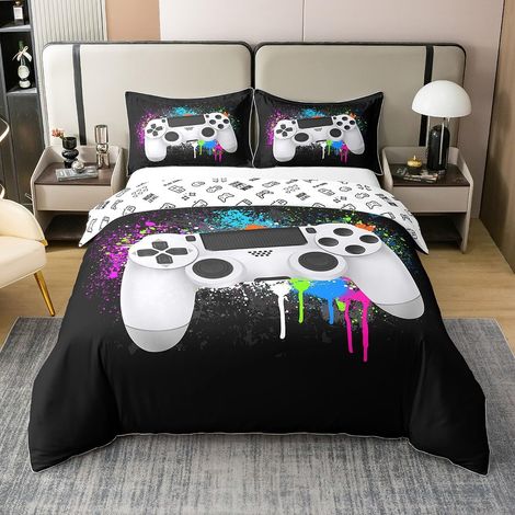 Gamepad Parure de lit Garçons Gamer Housse de Couette 200x200cm 100% Coton Blanc Jeu Vidéo Gamepad Lits Ensemble pour Ados Enfants Décor Coloré Cravate Couleur Moderne Contrôleur de Jeu - 200 x 200 cm (1/5)