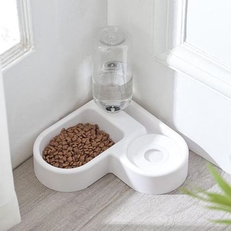 2 in 1 Distributeur de Nourriture Eau Fontaine Automatique pour Animaux, Anti Débordement Abreuvoir et Alimentateur Croquettes Gamelle pour Chat Chien Bol Animaux Abreuvoir Pet Bowl(Blanc)