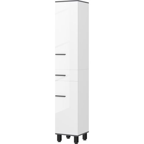 Colonne de salle de bain avec 2 placards à étagères réglables et un tiroir, 34 x 32 x 190 cm, blanche