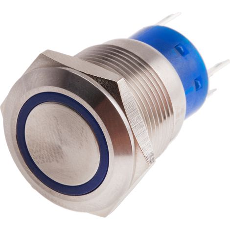 Bouton-poussoir, Momentané lumineux, LED Bleu, Unipolaire à deux directions (1RT), 5 A, Argent, Montage panneau 12V ( Prix pour 1 ) (1/2)